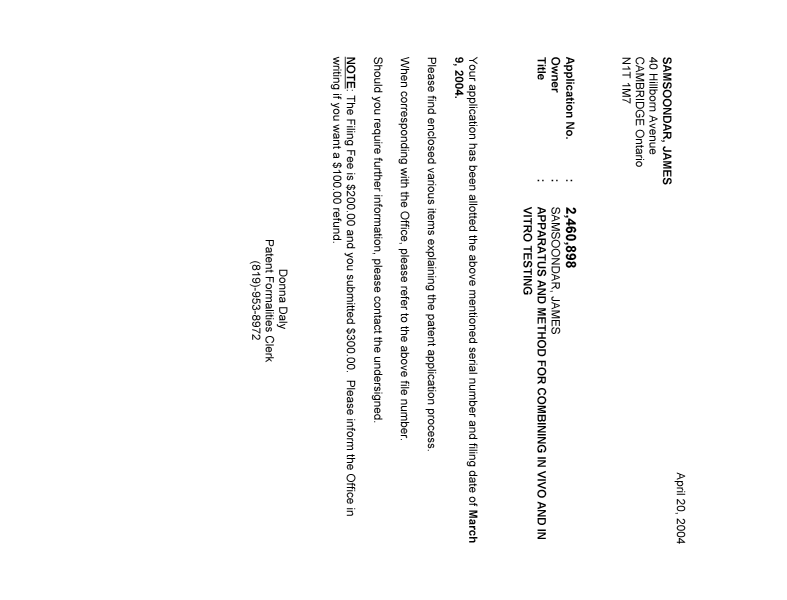Document de brevet canadien 2460898. Correspondance 20040419. Image 1 de 1