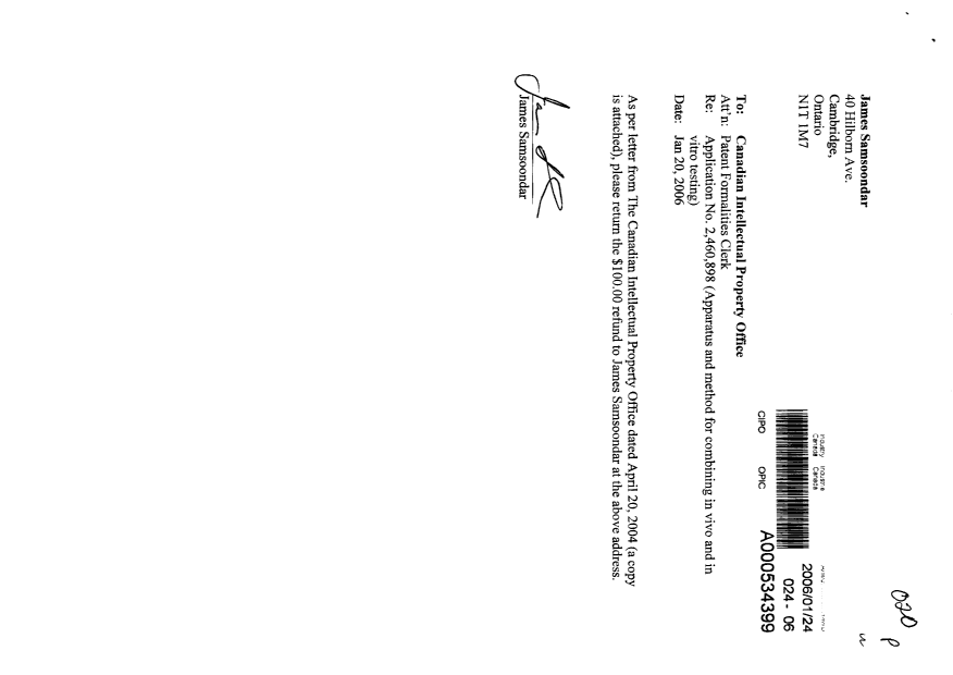 Document de brevet canadien 2460898. Correspondance 20060124. Image 1 de 2