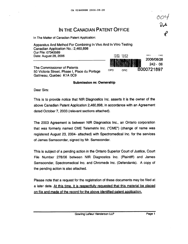 Document de brevet canadien 2460898. Cession 20060828. Image 1 de 20