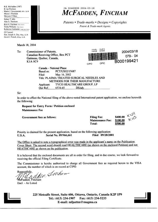 Document de brevet canadien 2460899. Cession 20040318. Image 1 de 2