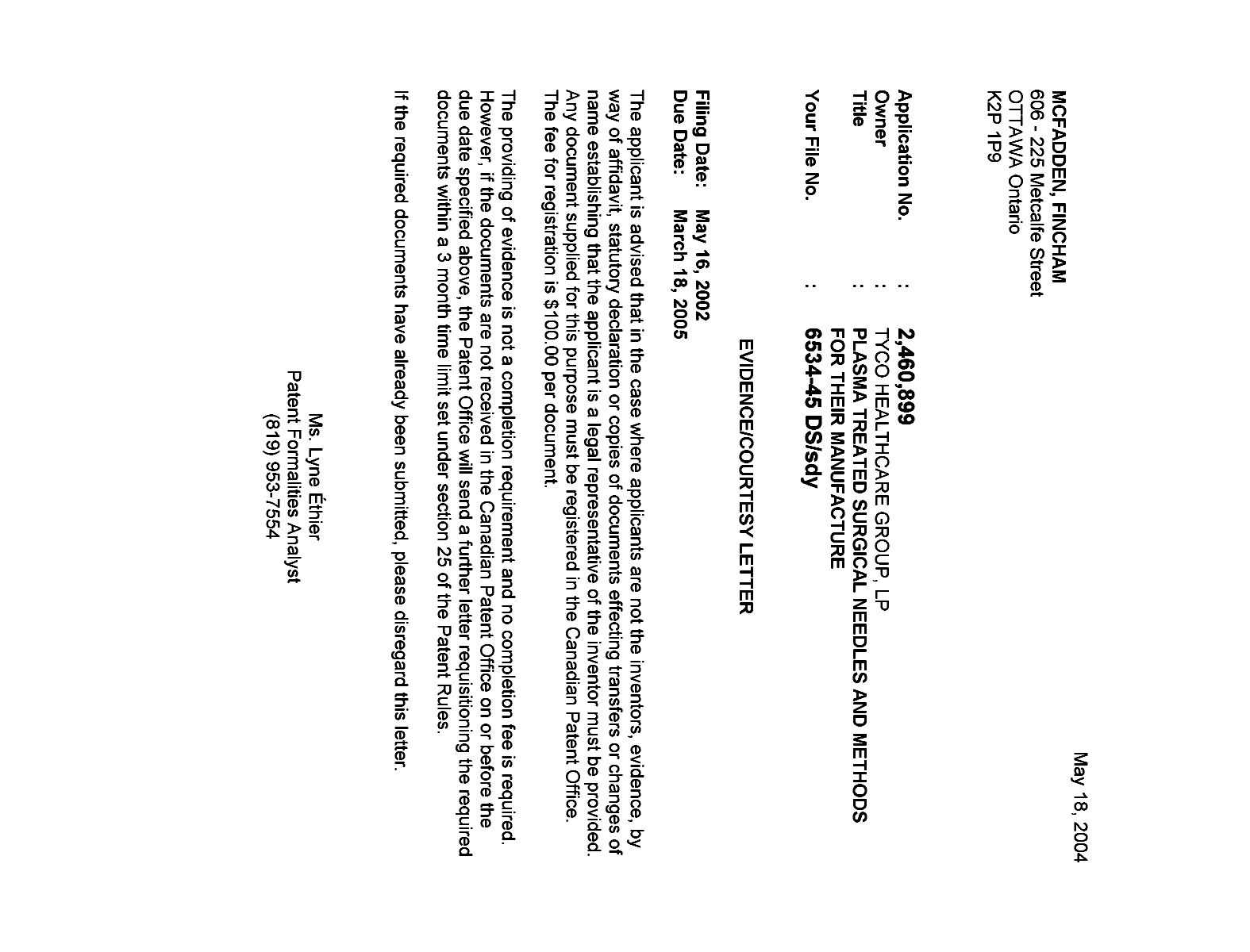 Canadian Patent Document 2460899. Correspondence 20040513. Image 1 of 1