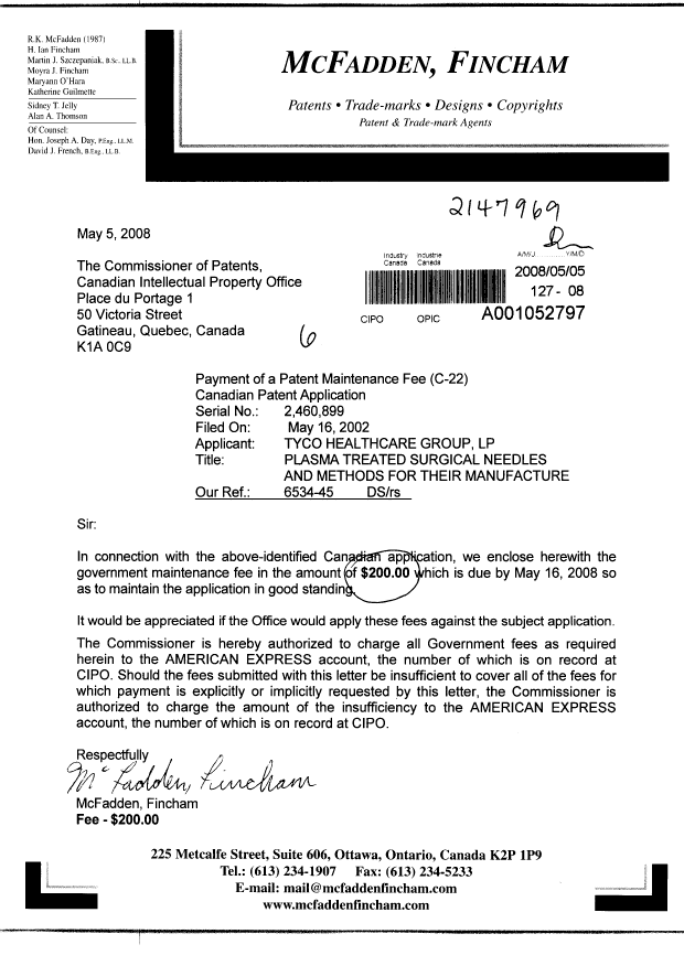 Canadian Patent Document 2460899. Fees 20080505. Image 1 of 1