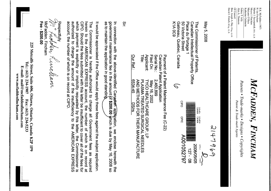 Document de brevet canadien 2460899. Taxes 20080505. Image 1 de 1