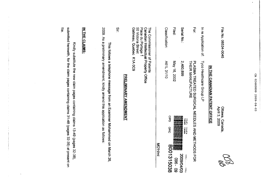 Document de brevet canadien 2460899. Poursuite-Amendment 20090403. Image 1 de 9