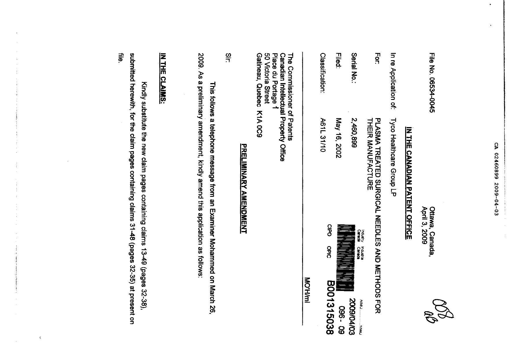 Canadian Patent Document 2460899. Prosecution-Amendment 20090403. Image 1 of 9