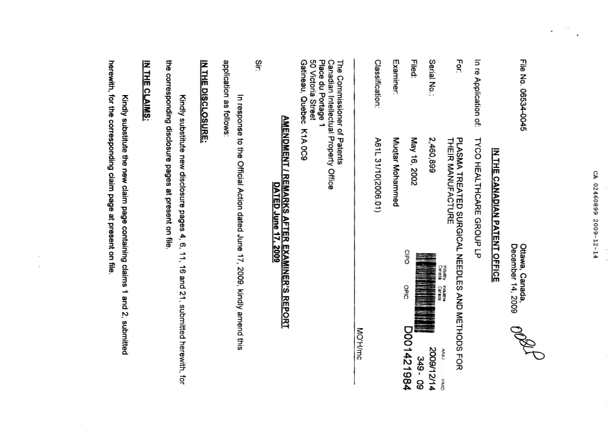 Document de brevet canadien 2460899. Poursuite-Amendment 20091214. Image 1 de 9
