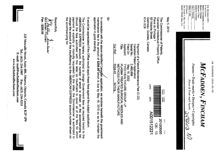 Document de brevet canadien 2460899. Taxes 20100505. Image 1 de 1