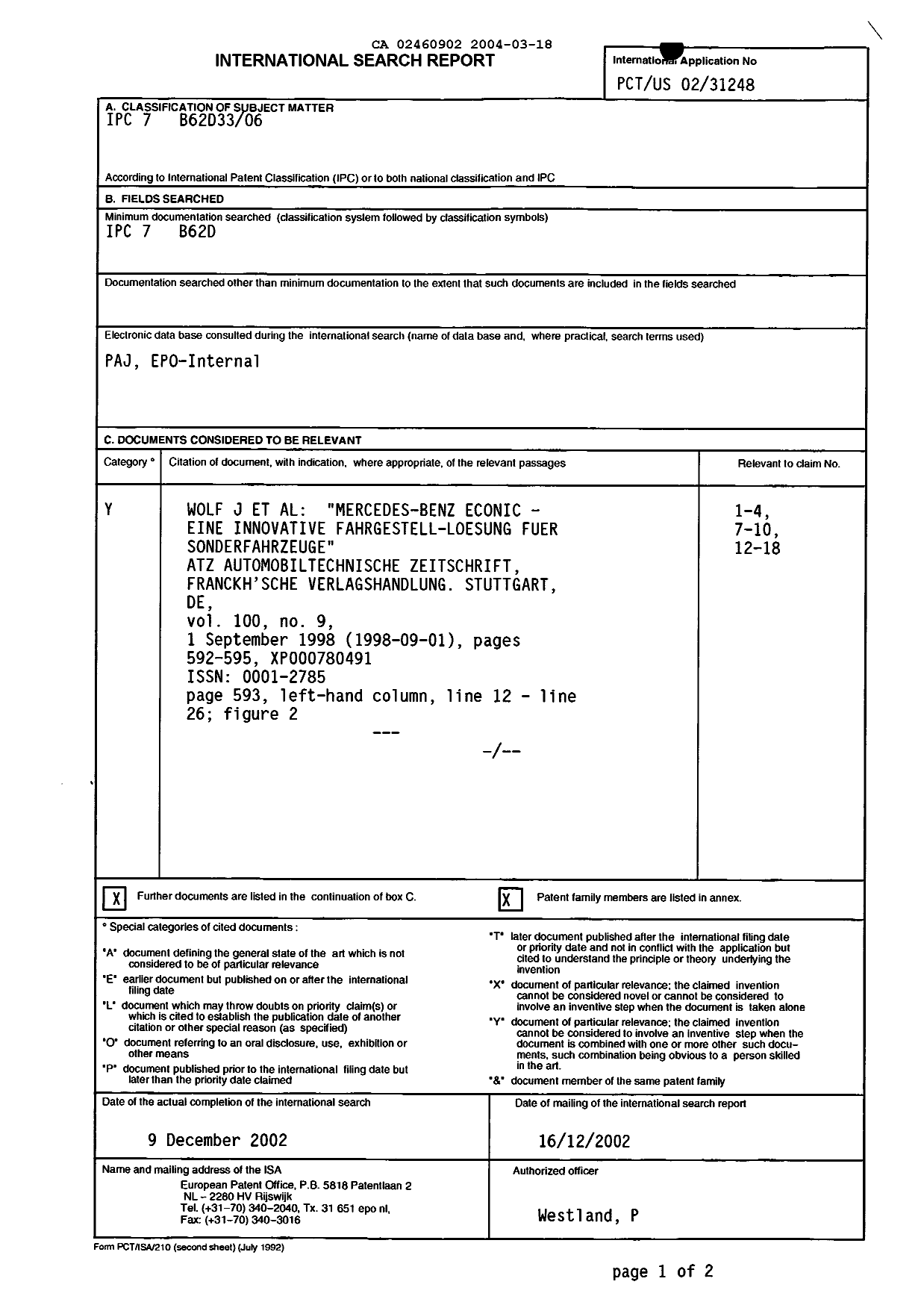 Document de brevet canadien 2460902. PCT 20040318. Image 1 de 3
