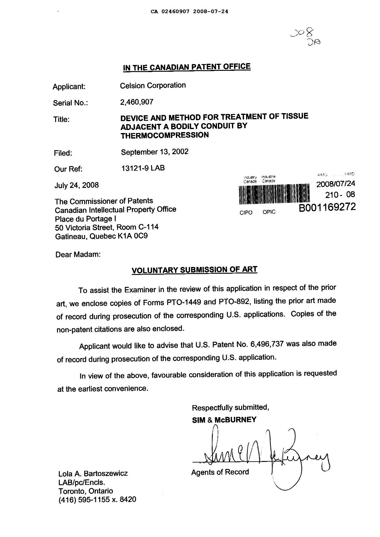 Canadian Patent Document 2460907. Prosecution-Amendment 20080724. Image 1 of 1