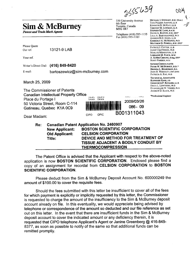 Document de brevet canadien 2460907. Cession 20090326. Image 1 de 31