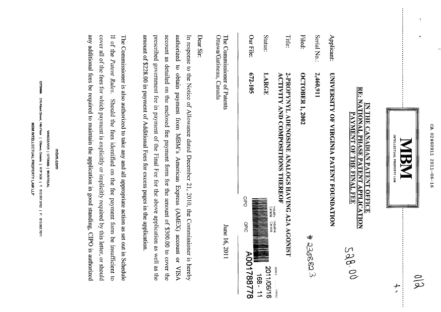 Document de brevet canadien 2460911. Correspondance 20110616. Image 1 de 2
