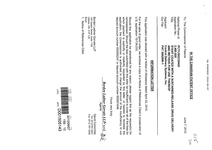 Document de brevet canadien 2460920. Poursuite-Amendment 20100607. Image 1 de 1