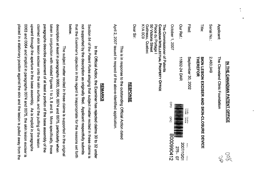 Document de brevet canadien 2460949. Poursuite-Amendment 20071001. Image 1 de 2