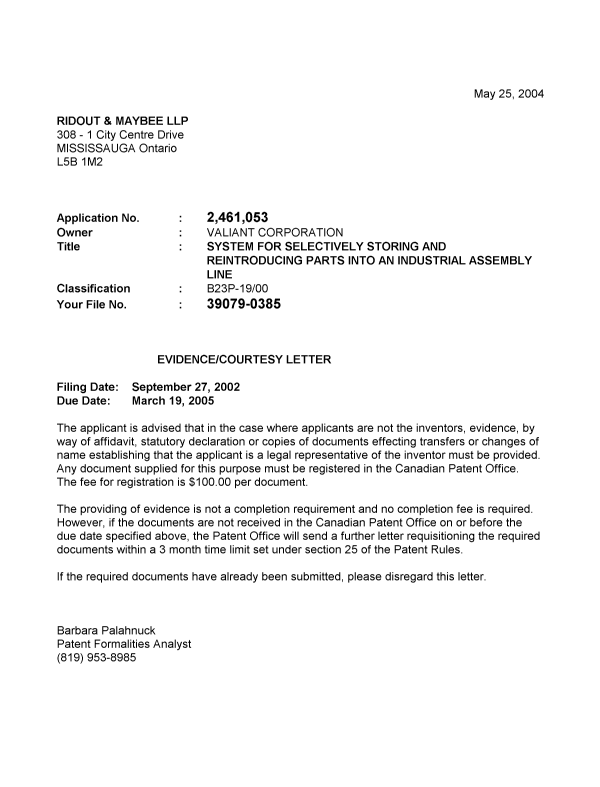 Document de brevet canadien 2461053. Correspondance 20040520. Image 1 de 1