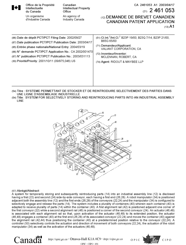 Canadian Patent Document 2461053. Cover Page 20040521. Image 1 of 1