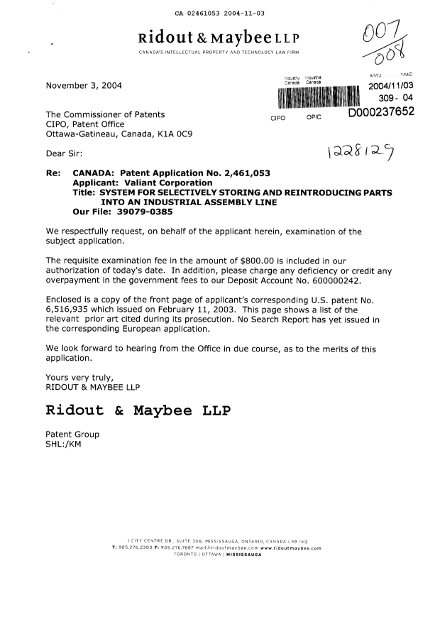 Document de brevet canadien 2461053. Poursuite-Amendment 20041103. Image 1 de 1