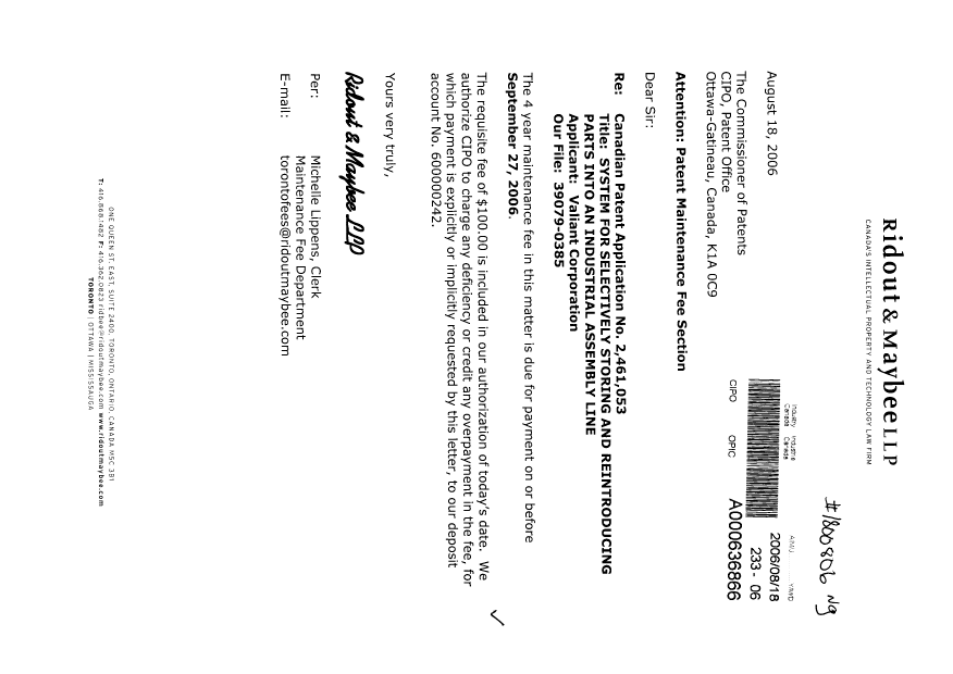 Document de brevet canadien 2461053. Taxes 20060818. Image 1 de 1