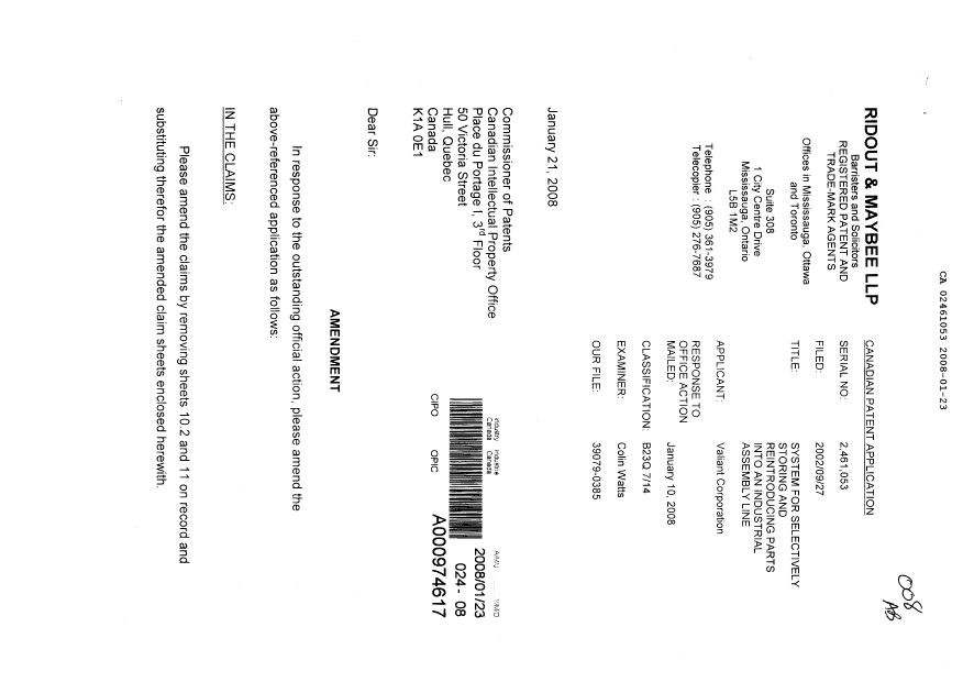 Document de brevet canadien 2461053. Poursuite-Amendment 20080123. Image 1 de 4