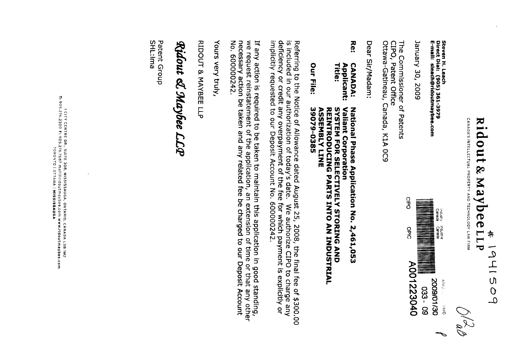 Canadian Patent Document 2461053. Correspondence 20090130. Image 1 of 1