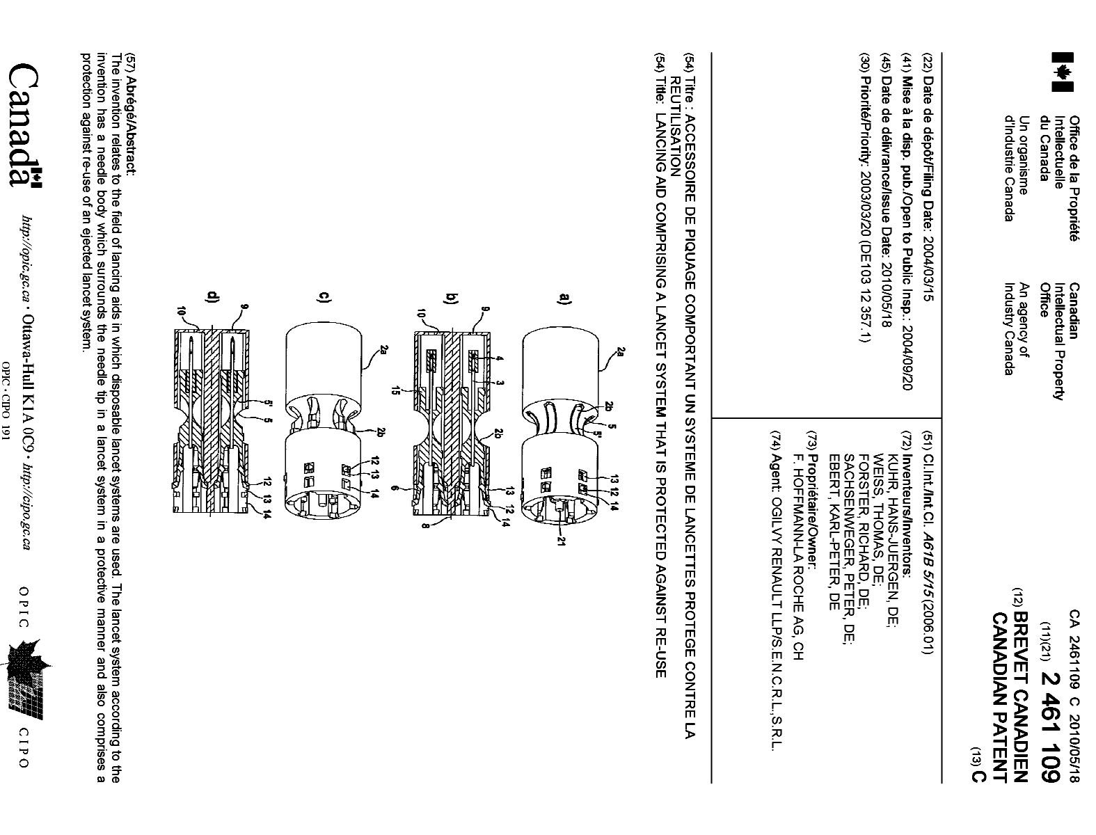 Canadian Patent Document 2461109. Cover Page 20100421. Image 1 of 1