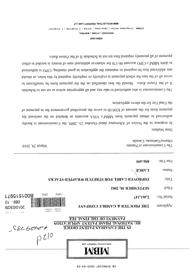 Canadian Patent Document 2461147. Correspondence 20100329. Image 1 of 2