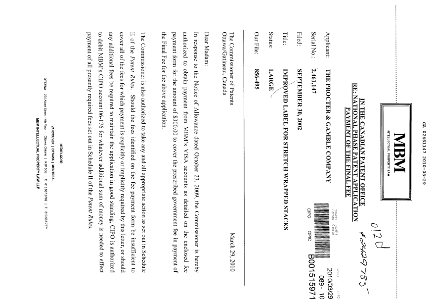 Document de brevet canadien 2461147. Correspondance 20100329. Image 1 de 2