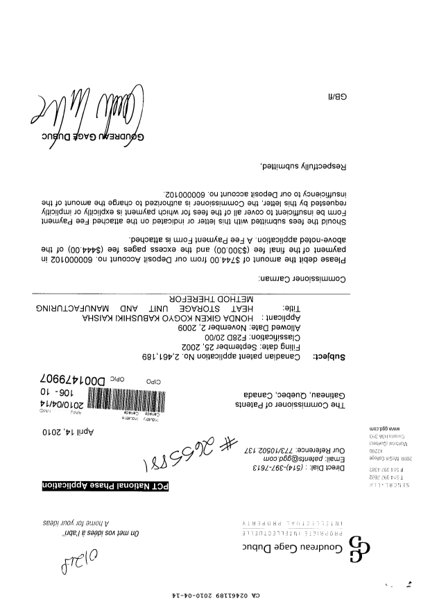 Canadian Patent Document 2461189. Correspondence 20100414. Image 1 of 1