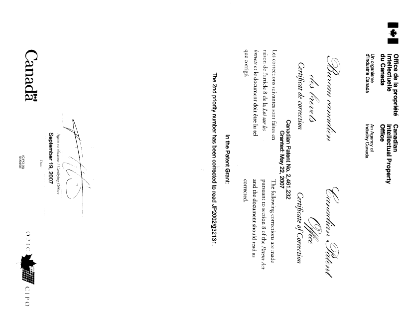 Canadian Patent Document 2461232. Cover Page 20070919. Image 2 of 2