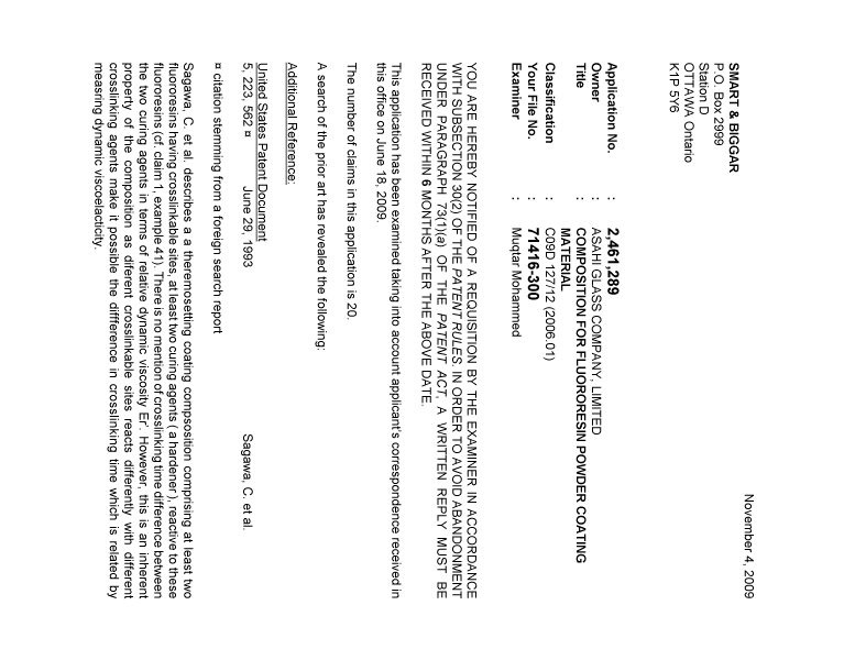 Document de brevet canadien 2461289. Poursuite-Amendment 20091104. Image 1 de 2