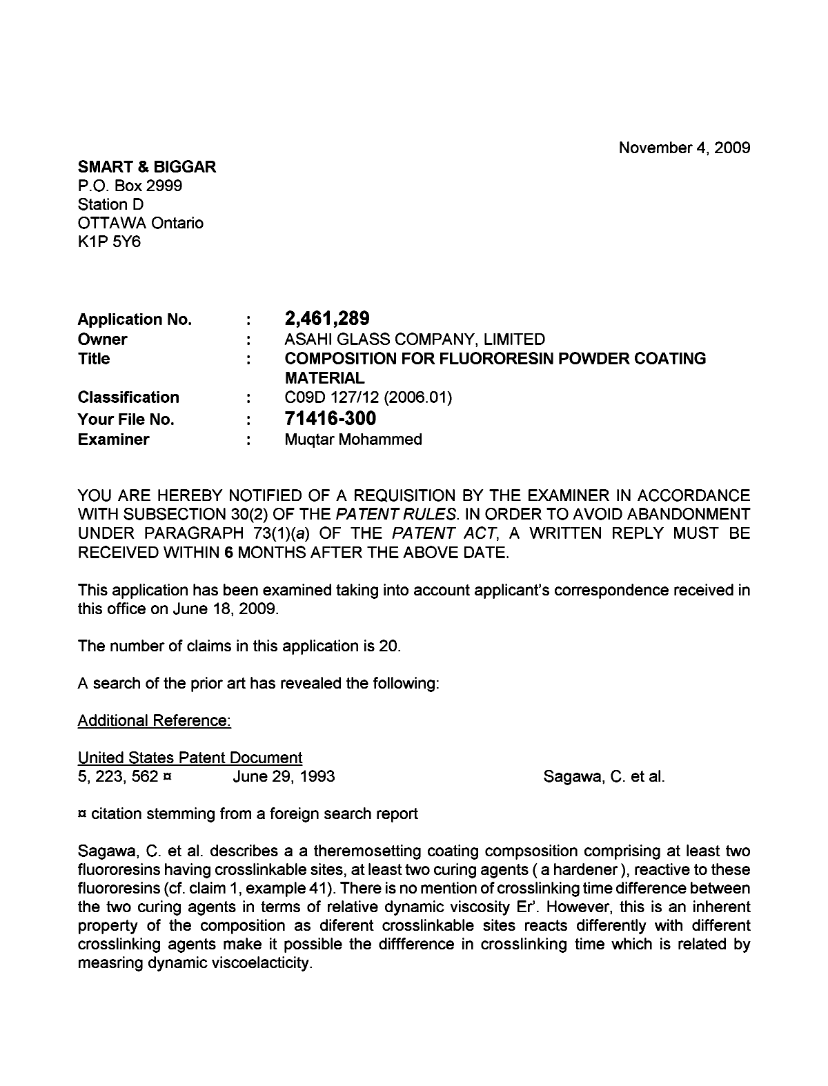 Document de brevet canadien 2461289. Poursuite-Amendment 20091104. Image 1 de 2