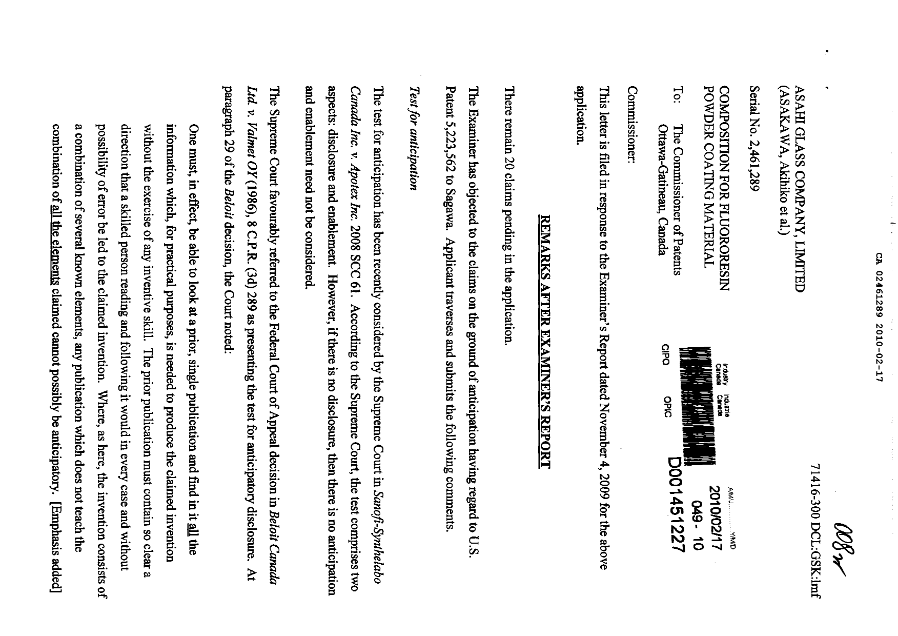 Canadian Patent Document 2461289. Prosecution-Amendment 20100217. Image 1 of 5