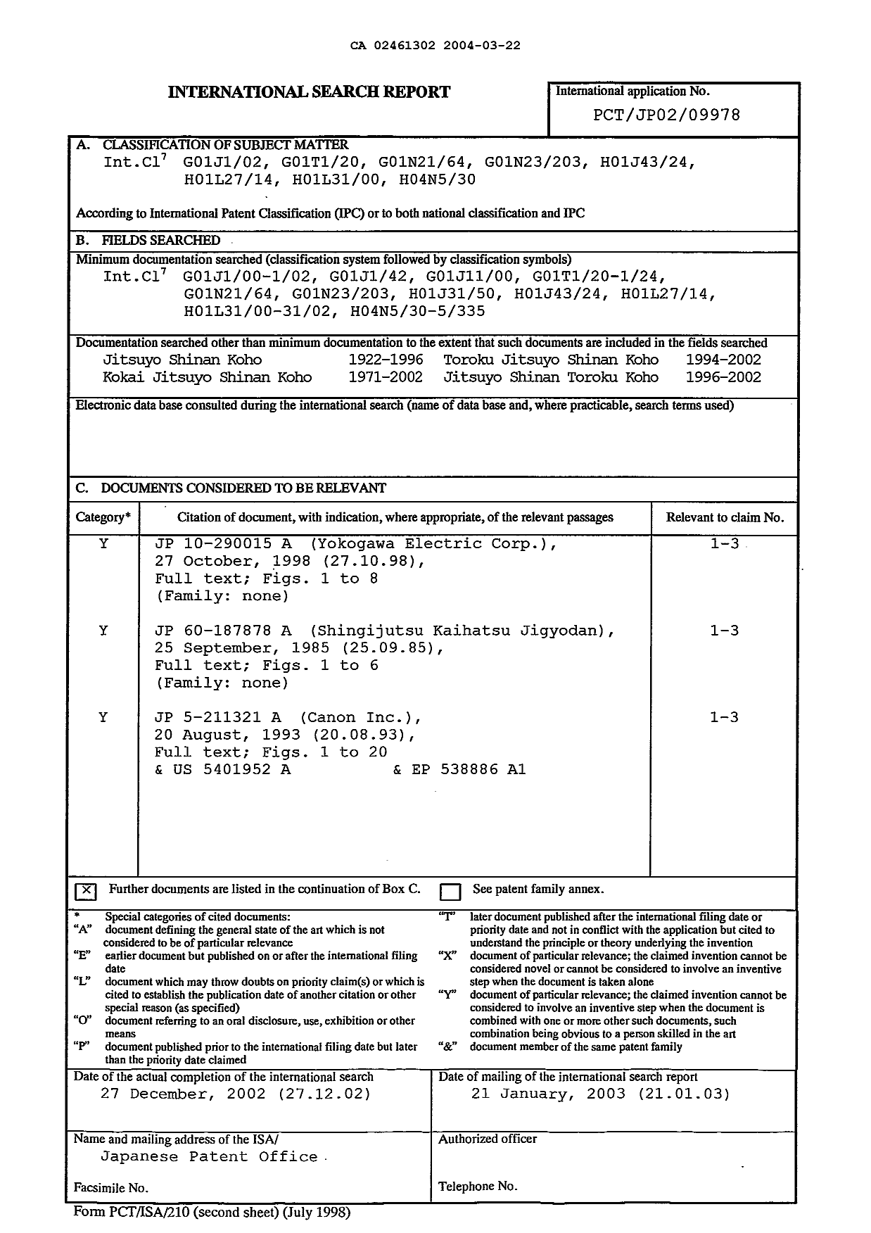 Document de brevet canadien 2461302. PCT 20040322. Image 1 de 3
