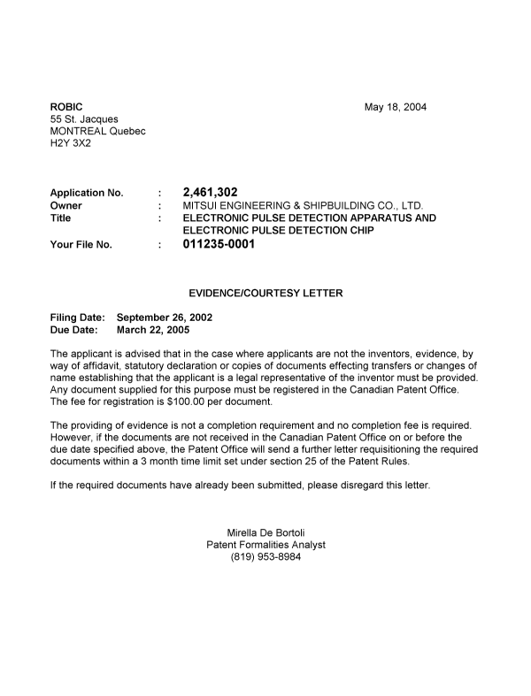 Document de brevet canadien 2461302. Correspondance 20040517. Image 1 de 1