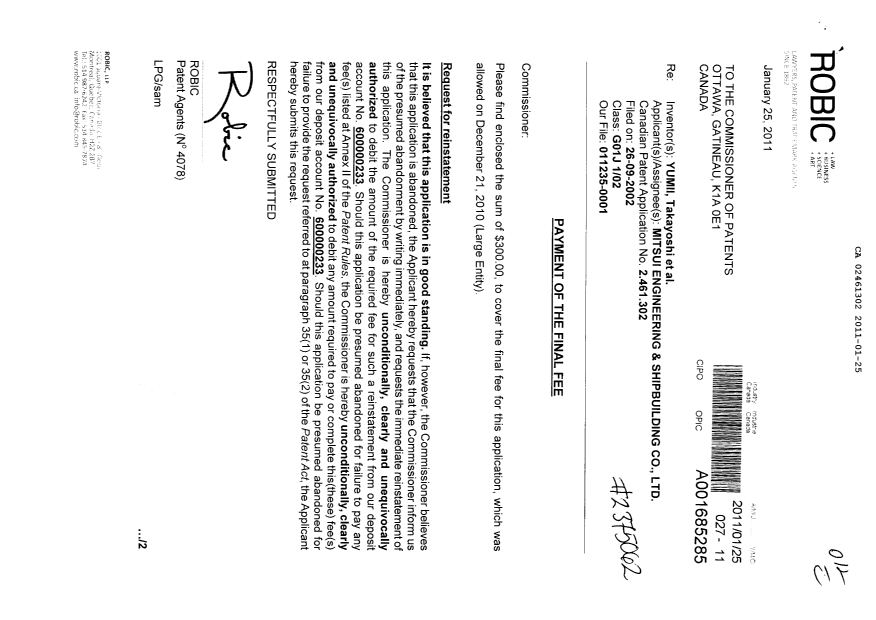 Document de brevet canadien 2461302. Correspondance 20110125. Image 1 de 2