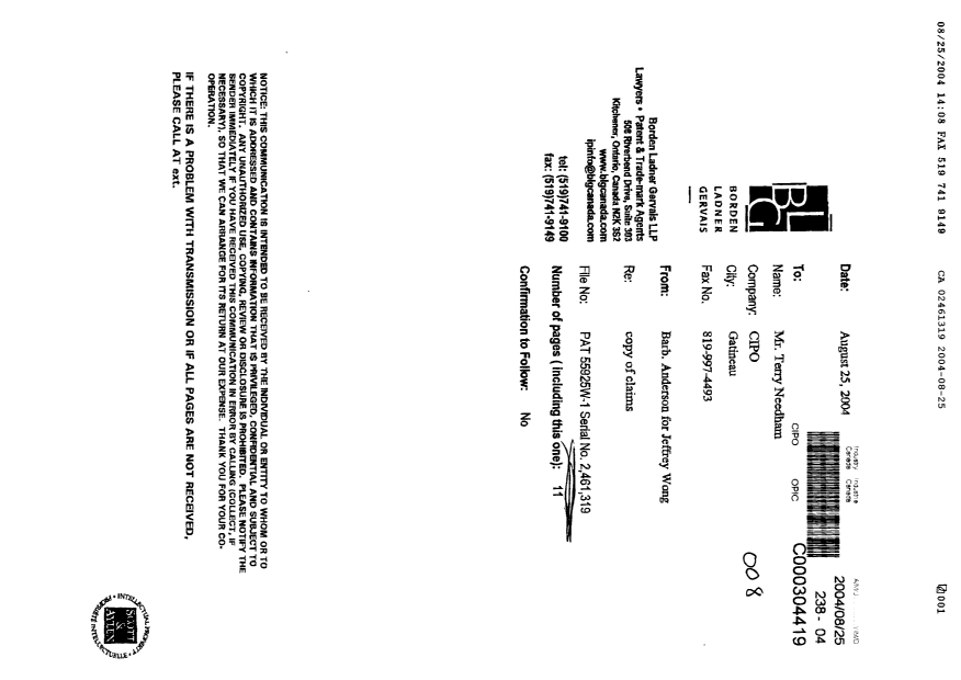 Document de brevet canadien 2461319. Poursuite-Amendment 20040825. Image 1 de 11