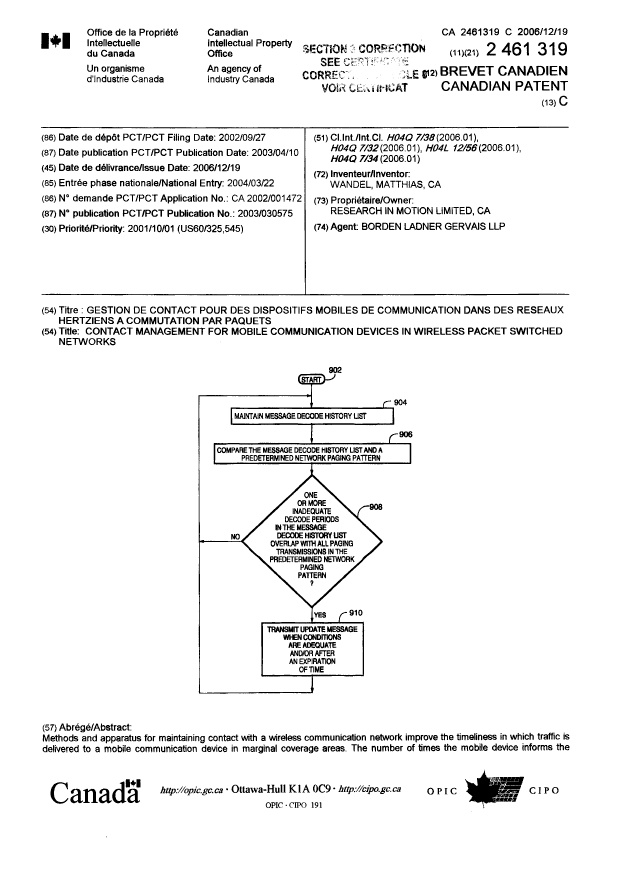 Document de brevet canadien 2461319. Page couverture 20100817. Image 1 de 3