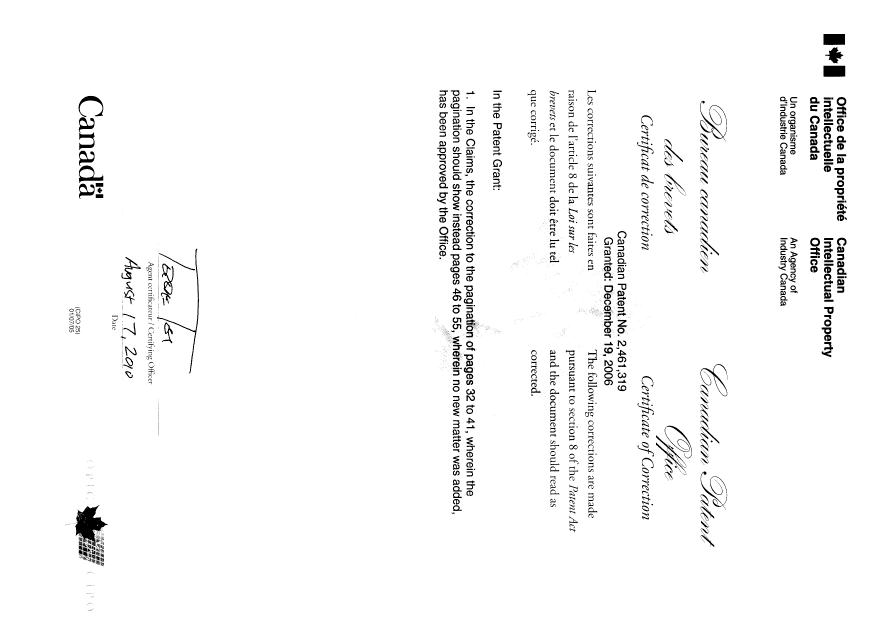 Canadian Patent Document 2461319. Cover Page 20100817. Image 3 of 3