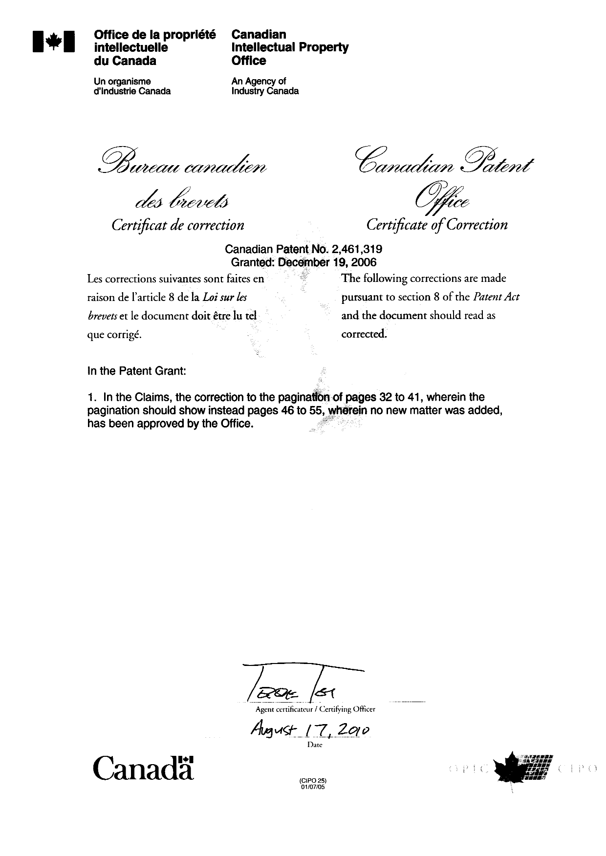 Canadian Patent Document 2461319. Cover Page 20100817. Image 3 of 3