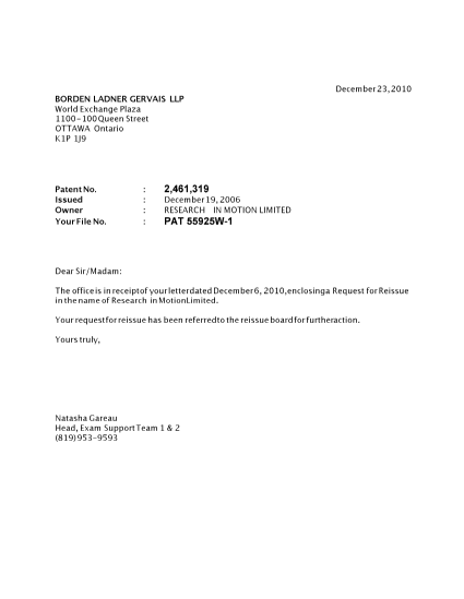 Document de brevet canadien 2461319. Correspondance 20101223. Image 1 de 1