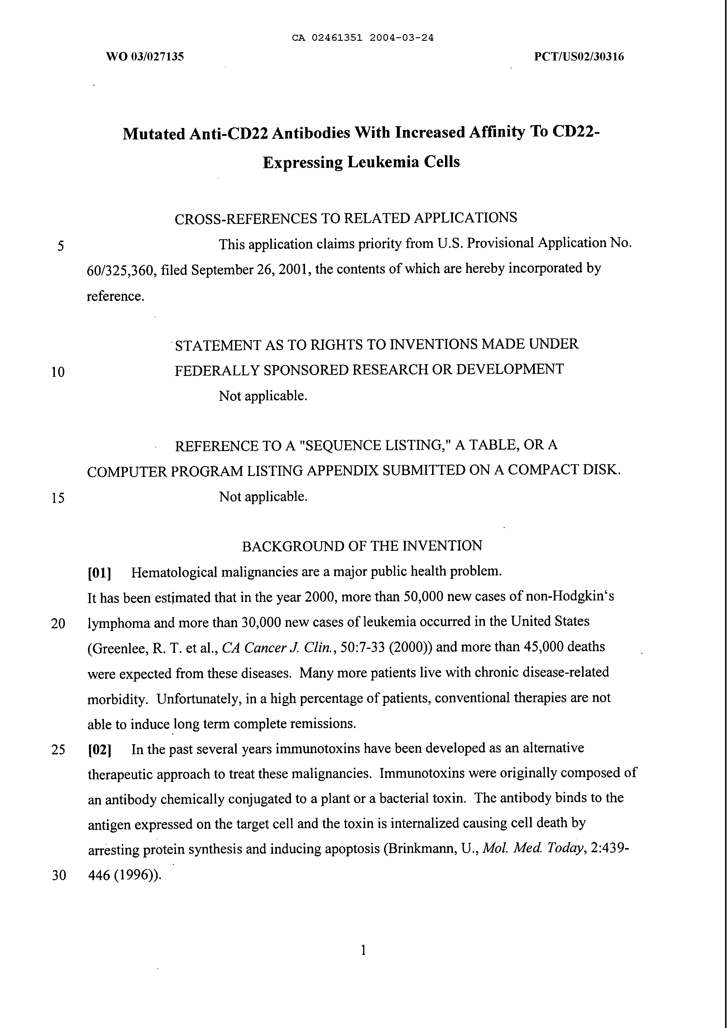 Canadian Patent Document 2461351. Description 20040325. Image 1 of 48
