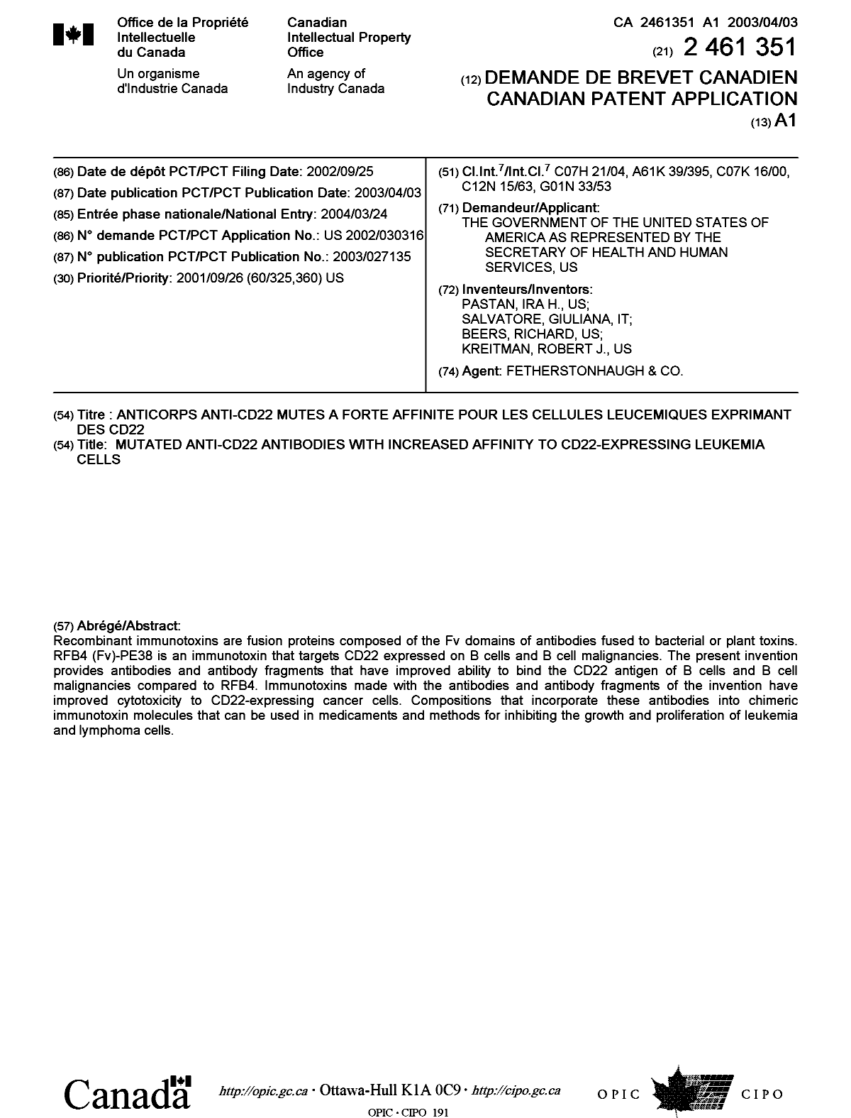 Canadian Patent Document 2461351. Cover Page 20040614. Image 1 of 1