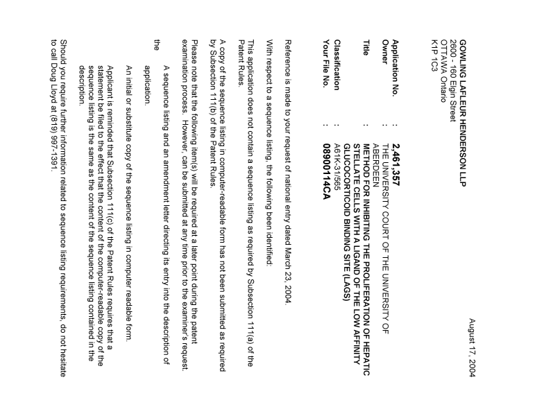 Canadian Patent Document 2461357. Correspondence 20040811. Image 1 of 2