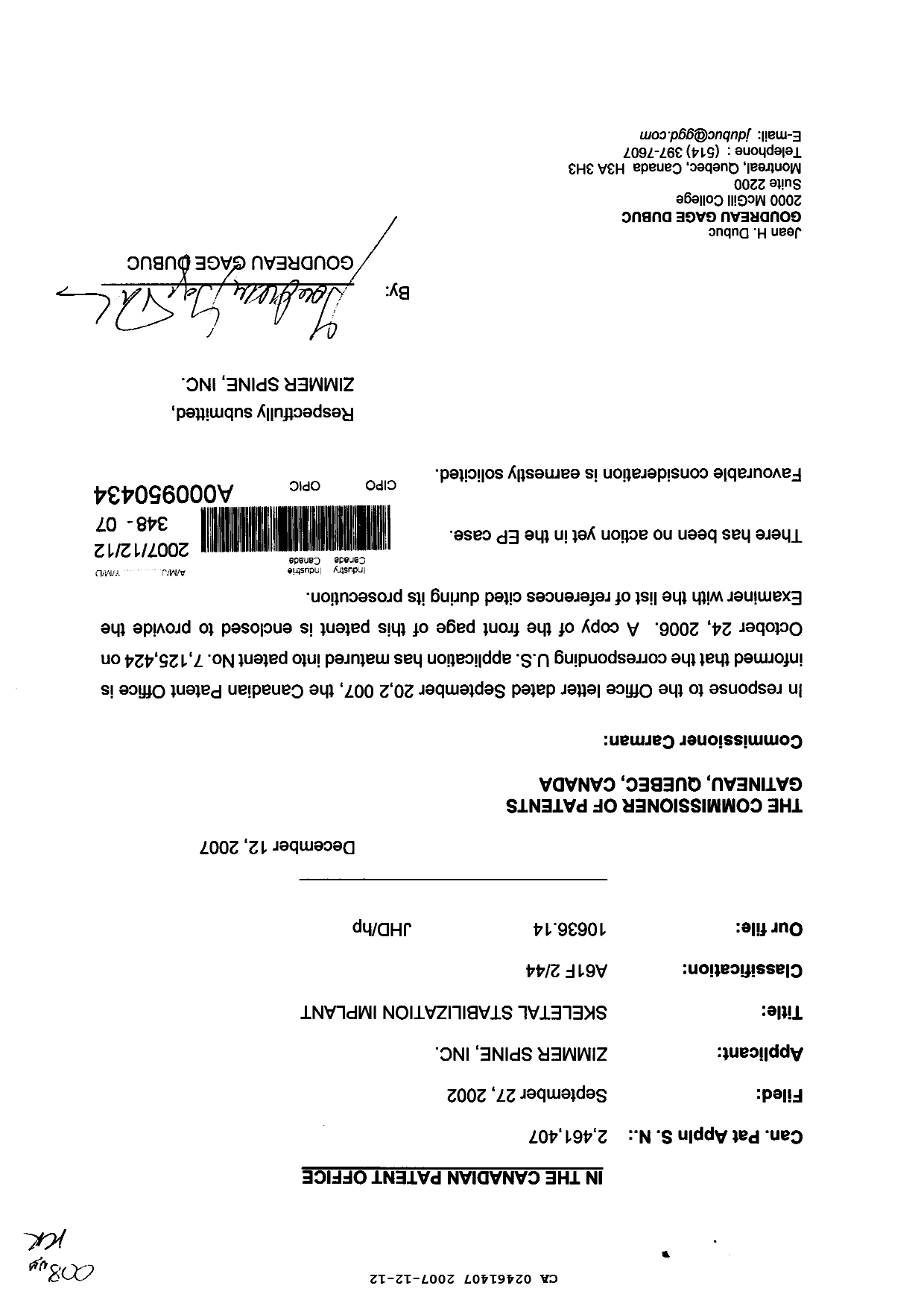 Canadian Patent Document 2461407. Prosecution-Amendment 20061212. Image 1 of 1