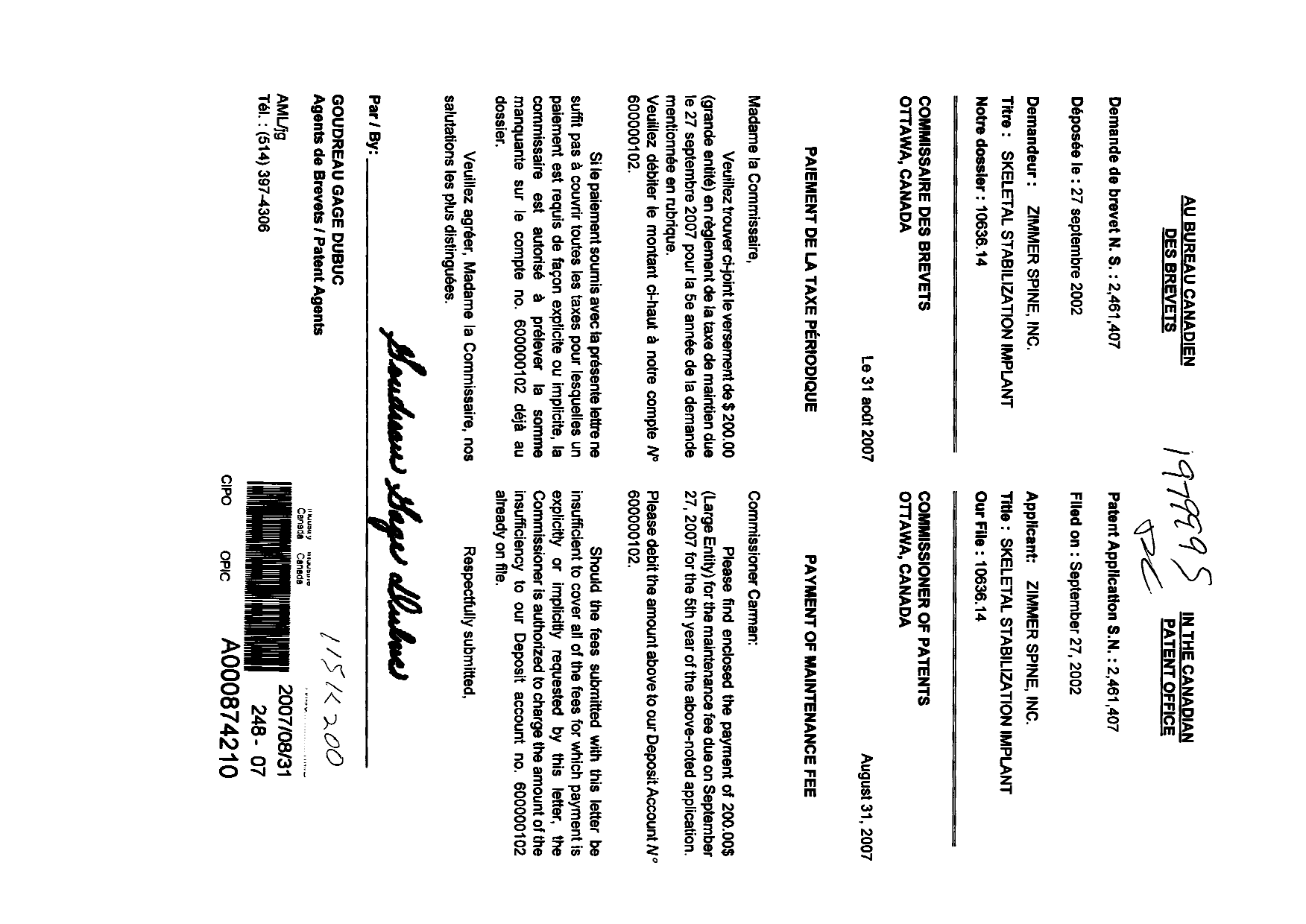 Document de brevet canadien 2461407. Taxes 20061231. Image 1 de 1