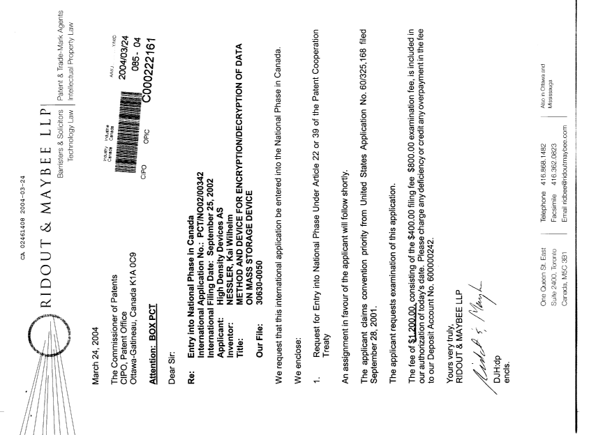 Canadian Patent Document 2461408. Assignment 20040324. Image 1 of 3