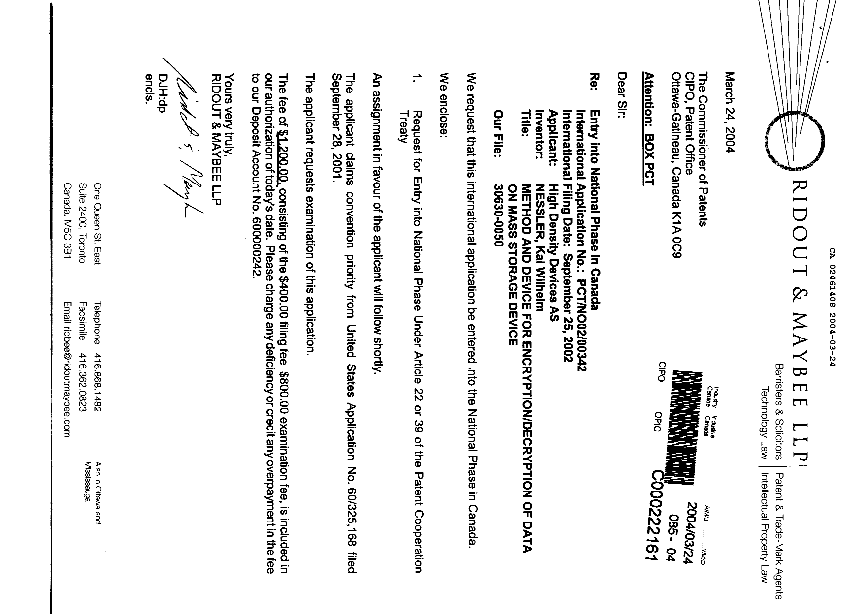 Document de brevet canadien 2461408. Cession 20040324. Image 1 de 3