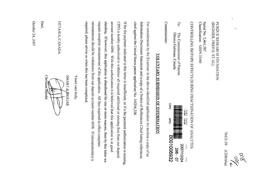 Document de brevet canadien 2461587. Poursuite-Amendment 20071024. Image 1 de 1