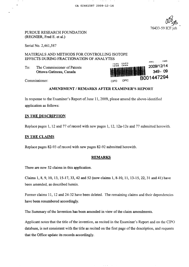 Canadian Patent Document 2461587. Prosecution-Amendment 20091214. Image 1 of 27