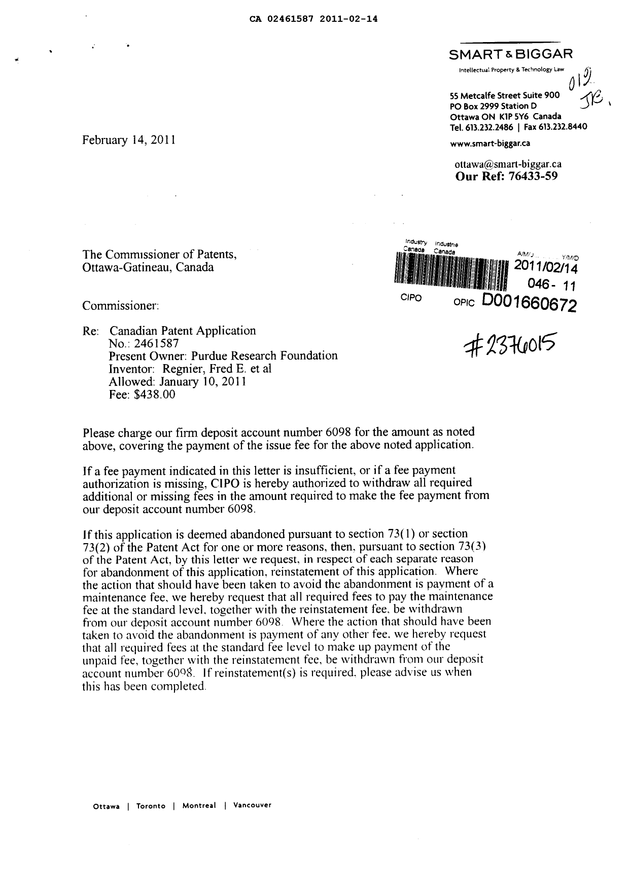 Document de brevet canadien 2461587. Correspondance 20110214. Image 1 de 2