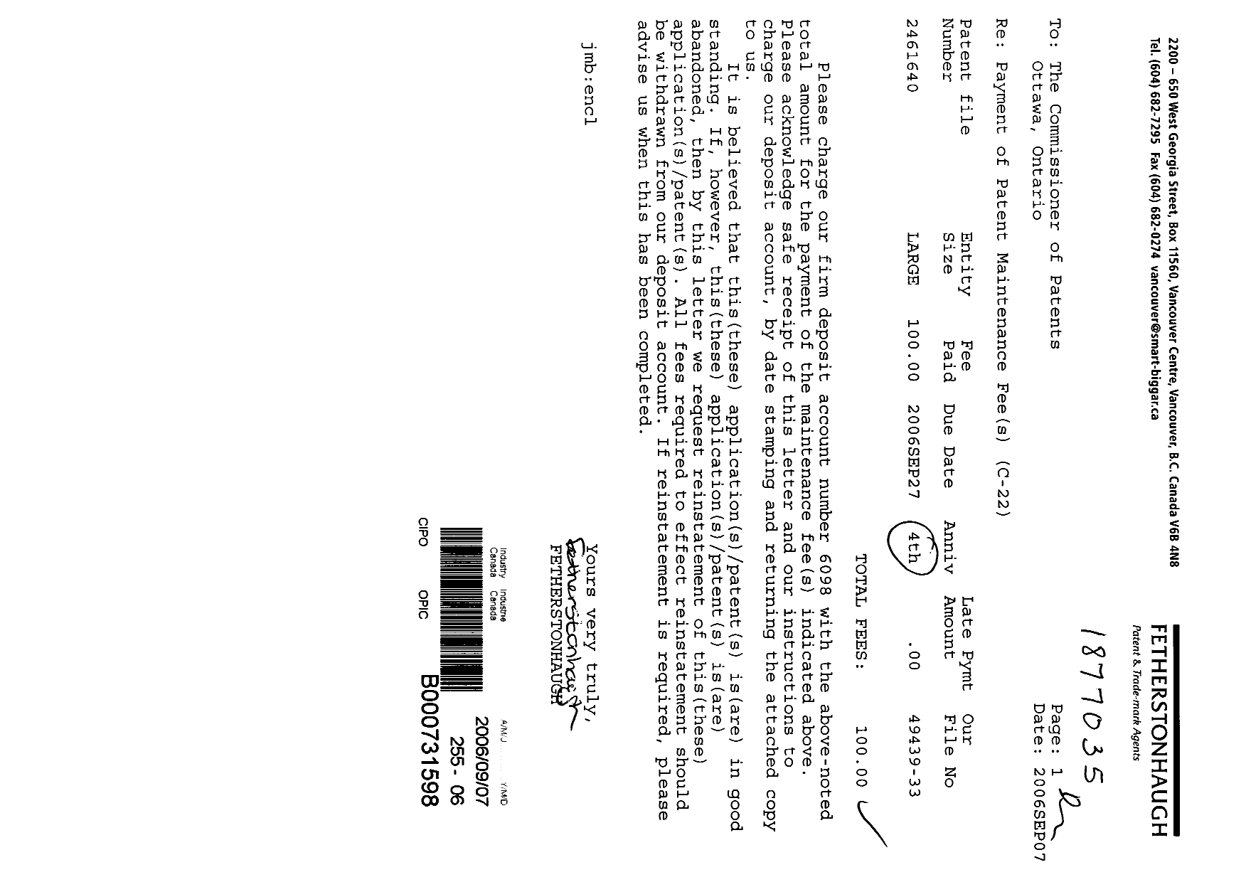Document de brevet canadien 2461640. Taxes 20051207. Image 1 de 1